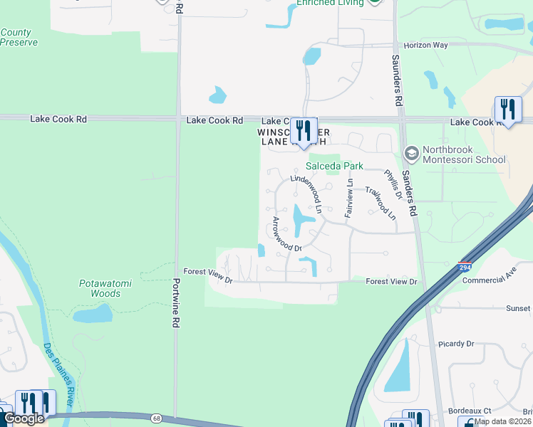map of restaurants, bars, coffee shops, grocery stores, and more near 206 Honeysuckle Drive in Northbrook