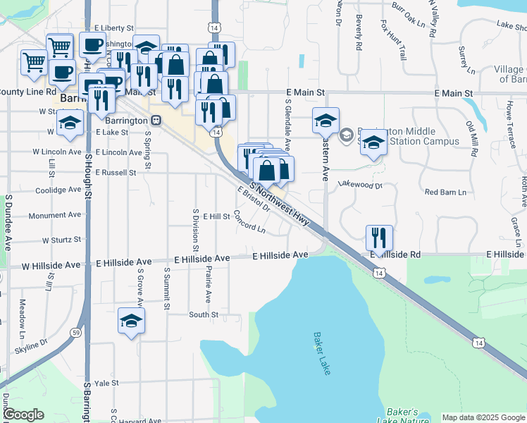 map of restaurants, bars, coffee shops, grocery stores, and more near 792 Concord Lane in Barrington
