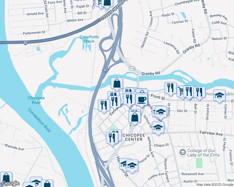 map of restaurants, bars, coffee shops, grocery stores, and more near 165 Front Street in Chicopee