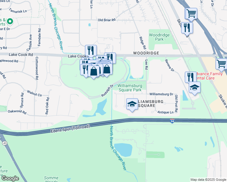 map of restaurants, bars, coffee shops, grocery stores, and more near 1364 Williamsburg Drive in Northbrook