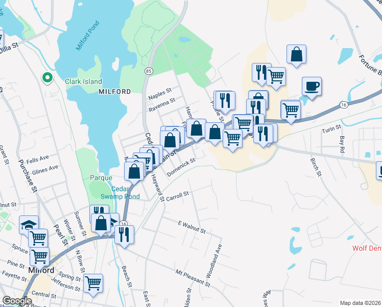 map of restaurants, bars, coffee shops, grocery stores, and more near 9 South Free Street in Milford