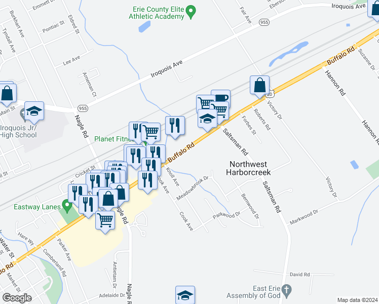 map of restaurants, bars, coffee shops, grocery stores, and more near 4655 Buffalo Road in Erie