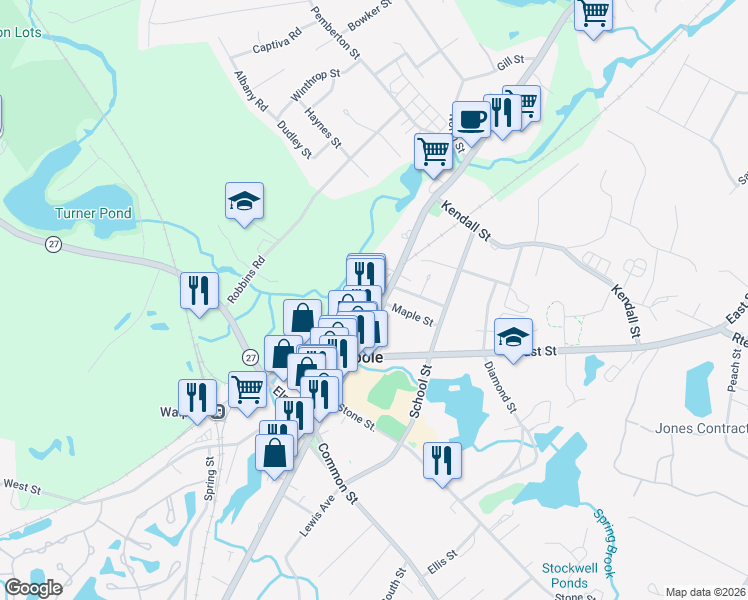 map of restaurants, bars, coffee shops, grocery stores, and more near 883 Main Street in Walpole