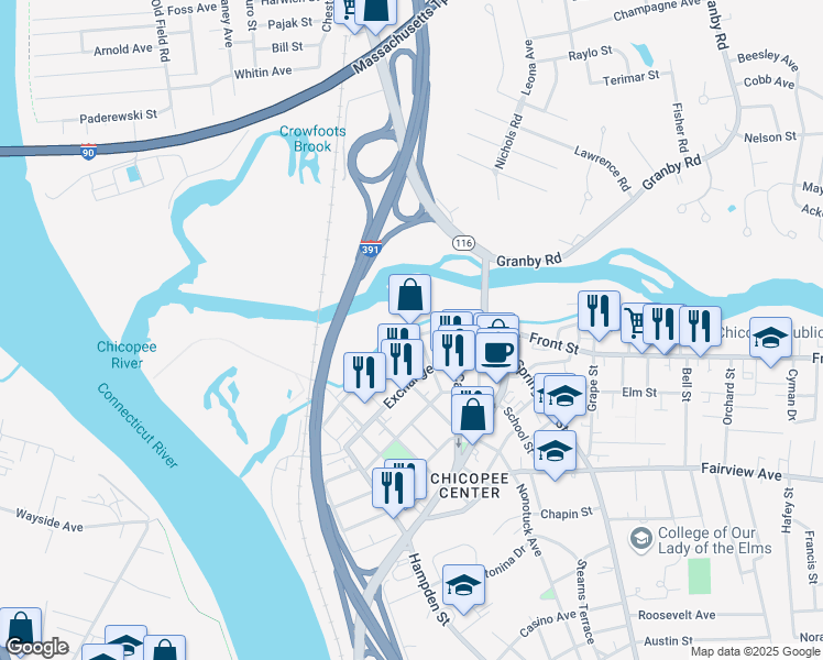 map of restaurants, bars, coffee shops, grocery stores, and more near 165 Front Street in Chicopee