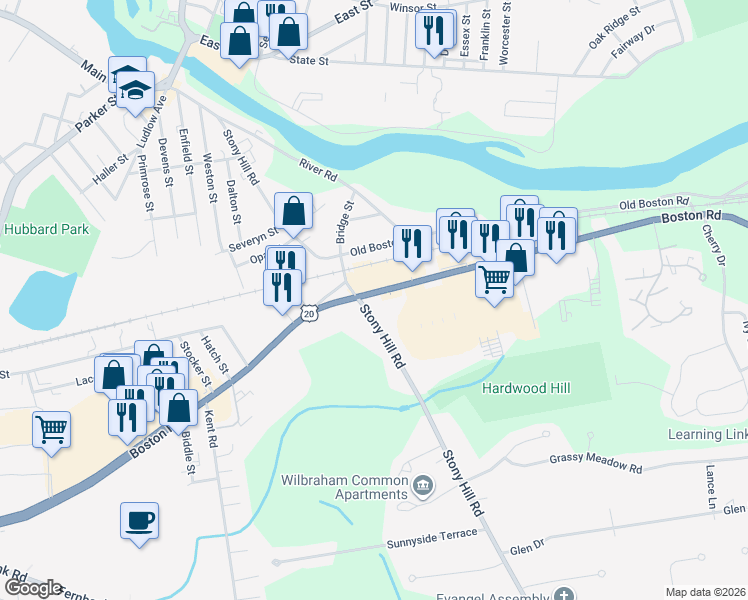 map of restaurants, bars, coffee shops, grocery stores, and more near 1993 Boston Road in Wilbraham