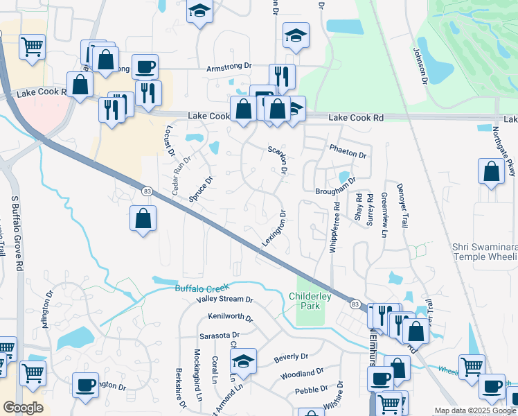 map of restaurants, bars, coffee shops, grocery stores, and more near 552 Greystone Lane in Wheeling