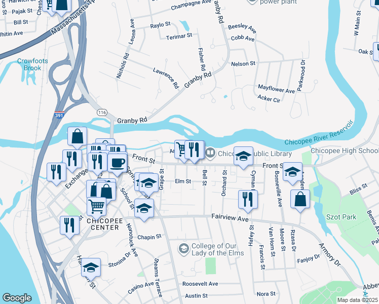 map of restaurants, bars, coffee shops, grocery stores, and more near 397 Front Street in Chicopee