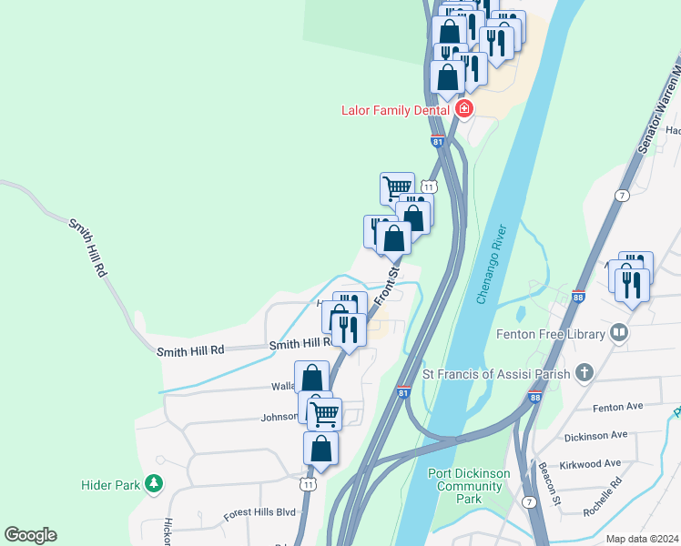 map of restaurants, bars, coffee shops, grocery stores, and more near 8 Norton Drive in Binghamton
