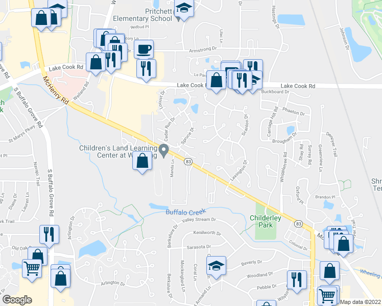 map of restaurants, bars, coffee shops, grocery stores, and more near 1201 McHenry Road in Wheeling