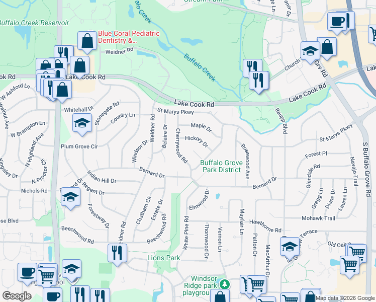 map of restaurants, bars, coffee shops, grocery stores, and more near 10 Arbor Court in Buffalo Grove