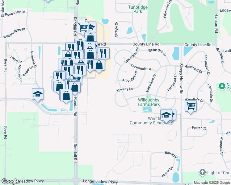 map of restaurants, bars, coffee shops, grocery stores, and more near 2036 Waverly Lane in Algonquin