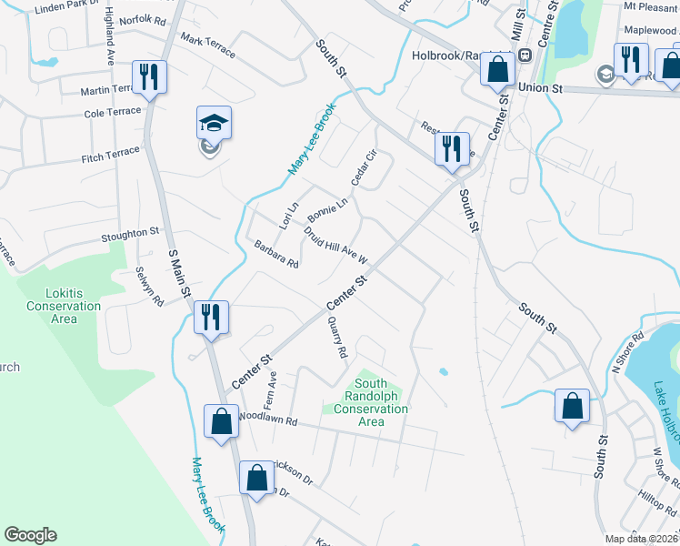 map of restaurants, bars, coffee shops, grocery stores, and more near 20 Millhouse Avenue in Randolph