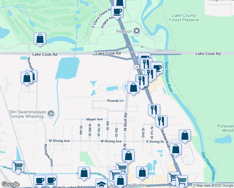 map of restaurants, bars, coffee shops, grocery stores, and more near 45 Prairie Park Drive in Wheeling