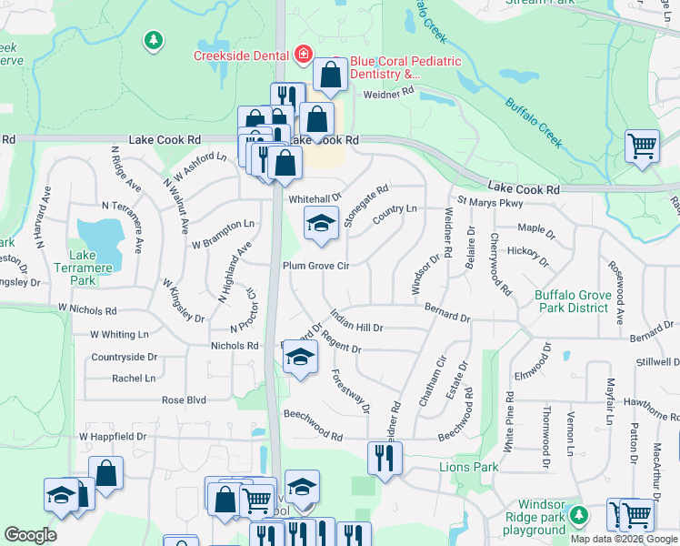 map of restaurants, bars, coffee shops, grocery stores, and more near 307 Indian Hill Drive in Buffalo Grove
