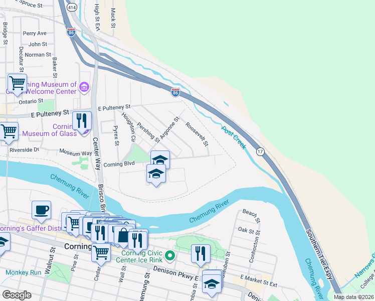 map of restaurants, bars, coffee shops, grocery stores, and more near 105 Corning Boulevard in Corning