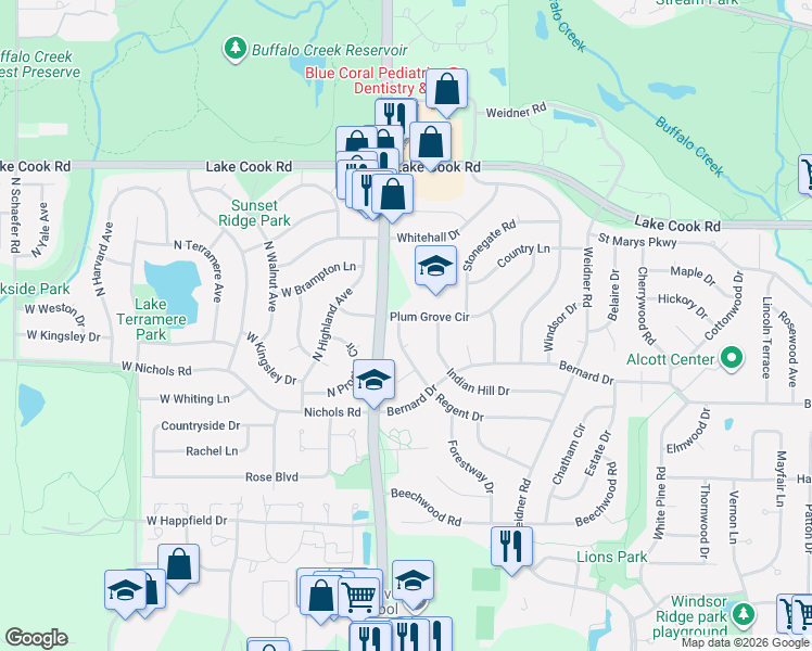 map of restaurants, bars, coffee shops, grocery stores, and more near 7 Regent Court East in Buffalo Grove