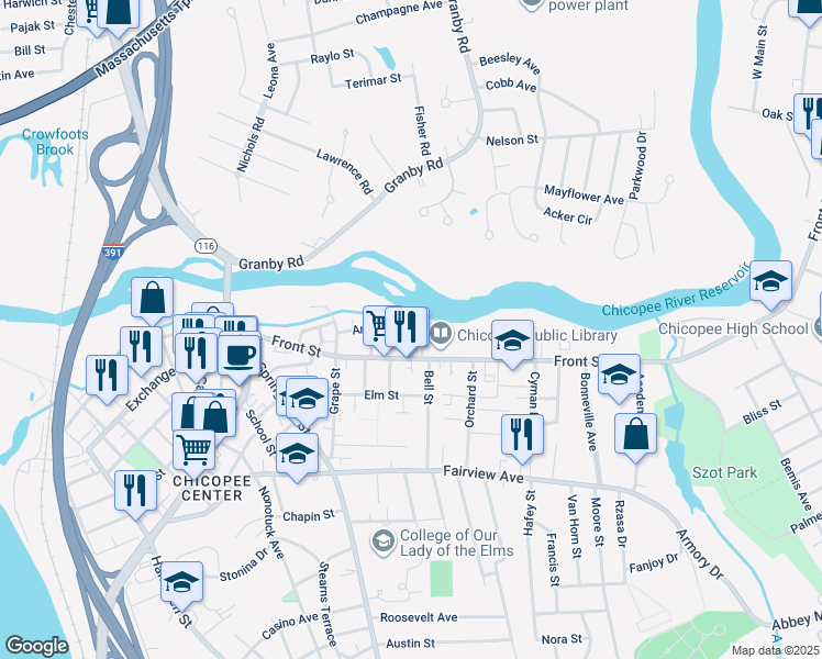 map of restaurants, bars, coffee shops, grocery stores, and more near 80 Ames Avenue in Chicopee