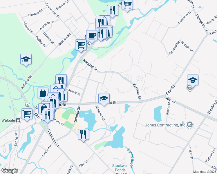 map of restaurants, bars, coffee shops, grocery stores, and more near 1 Norton Avenue in Walpole