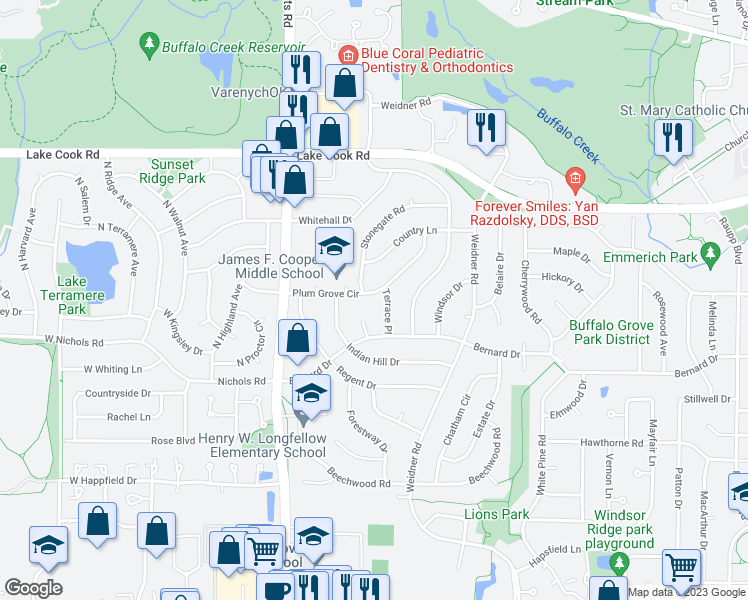 map of restaurants, bars, coffee shops, grocery stores, and more near 985 Plum Grove Circle in Buffalo Grove