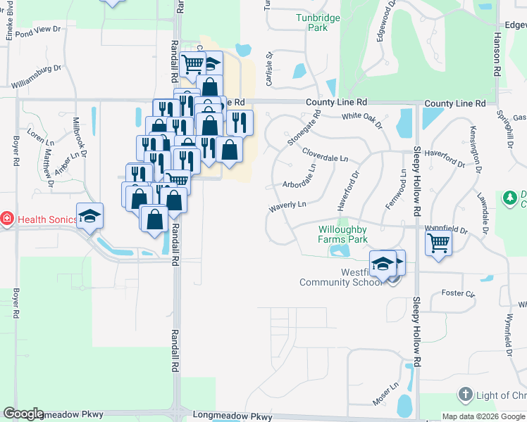 map of restaurants, bars, coffee shops, grocery stores, and more near 22 Cedar Grove Court in Algonquin