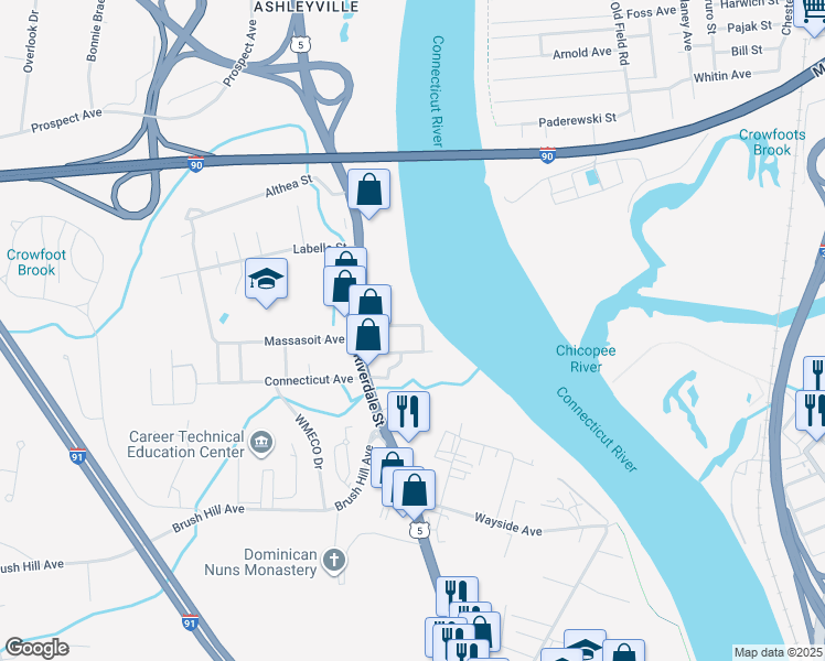 map of restaurants, bars, coffee shops, grocery stores, and more near 56 Bacon Avenue in West Springfield