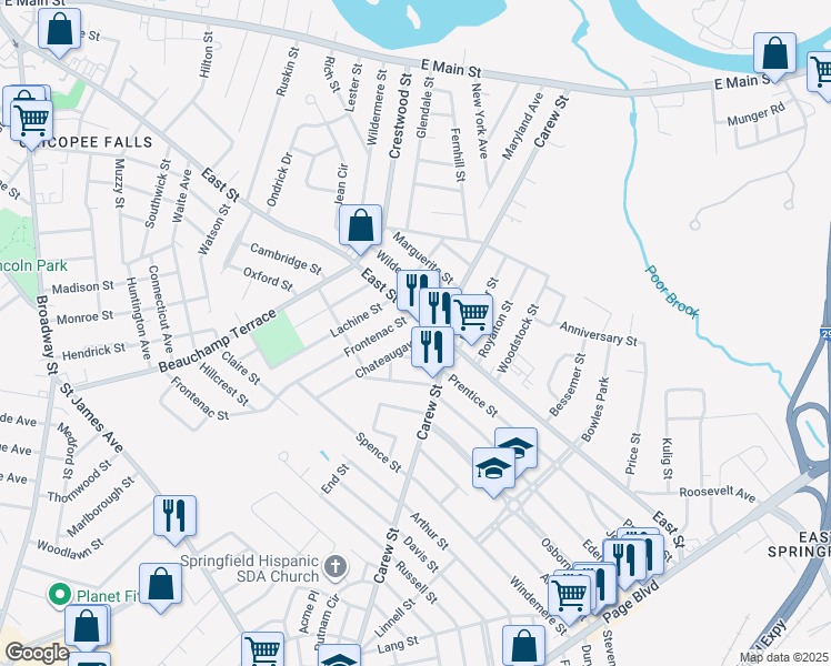 map of restaurants, bars, coffee shops, grocery stores, and more near 18 Chateaugay Street in Chicopee
