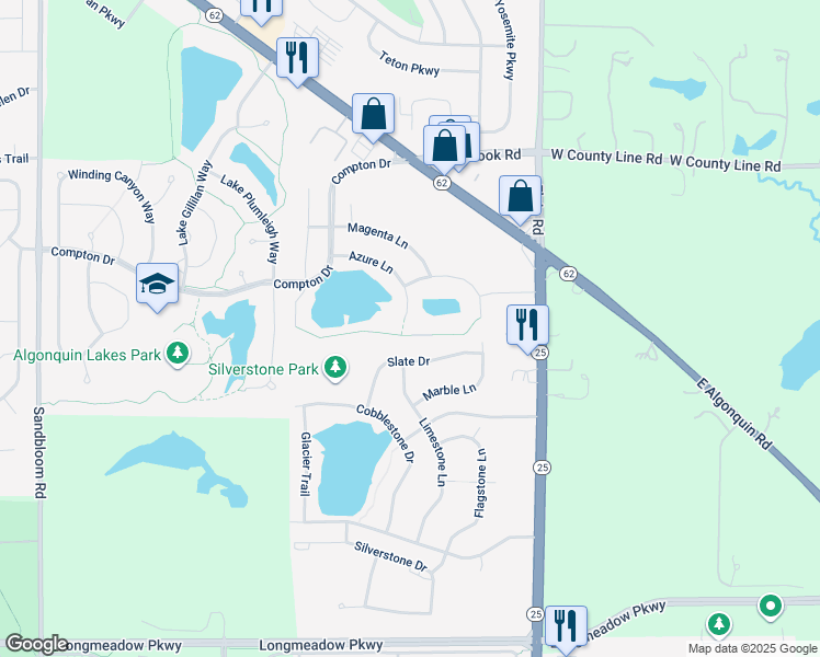 map of restaurants, bars, coffee shops, grocery stores, and more near 6749 Slate Drive in Carpentersville