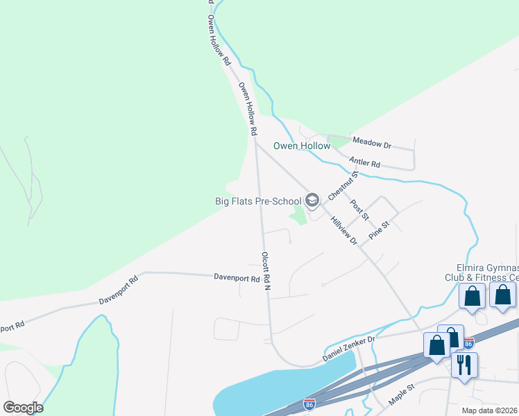map of restaurants, bars, coffee shops, grocery stores, and more near 91-93 Olcott Road North in Big Flats