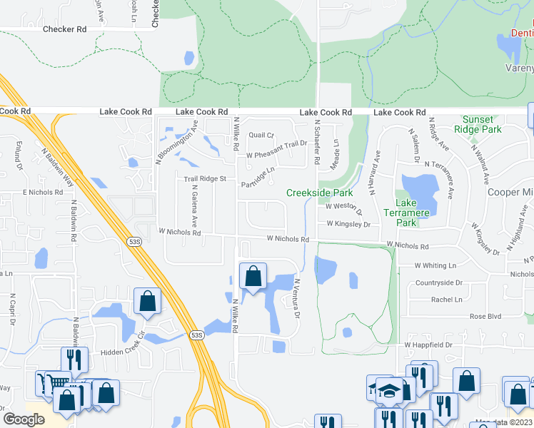 map of restaurants, bars, coffee shops, grocery stores, and more near 4010 West Newport Lane in Arlington Heights