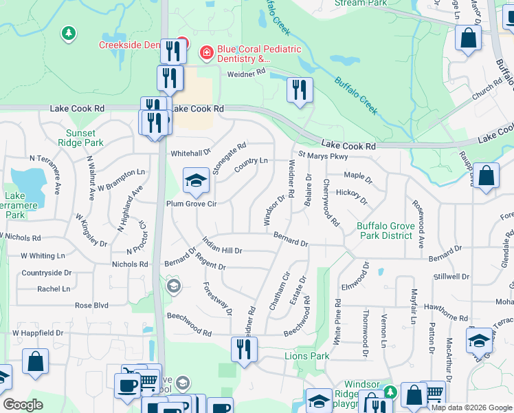 map of restaurants, bars, coffee shops, grocery stores, and more near 305 Timber Hill Road in Buffalo Grove