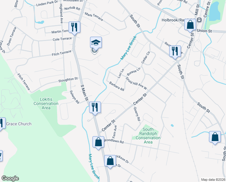 map of restaurants, bars, coffee shops, grocery stores, and more near 18 Hillsdale Road in Randolph