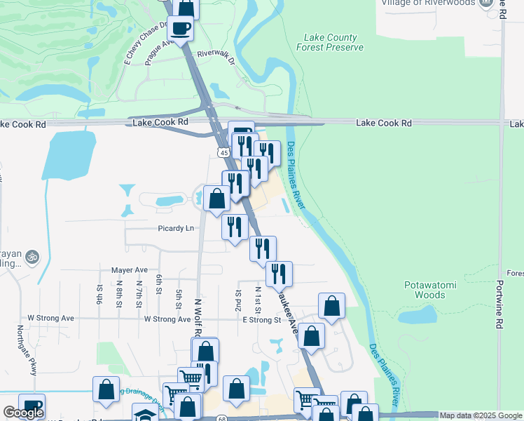map of restaurants, bars, coffee shops, grocery stores, and more near 561 North Milwaukee Avenue in Wheeling