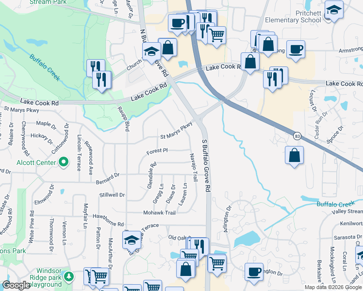 map of restaurants, bars, coffee shops, grocery stores, and more near 129 Forest Place in Buffalo Grove