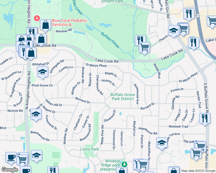 map of restaurants, bars, coffee shops, grocery stores, and more near 5 Arbor Court in Buffalo Grove