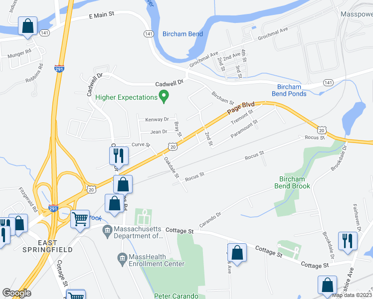 map of restaurants, bars, coffee shops, grocery stores, and more near 174 Tremont Street in Springfield