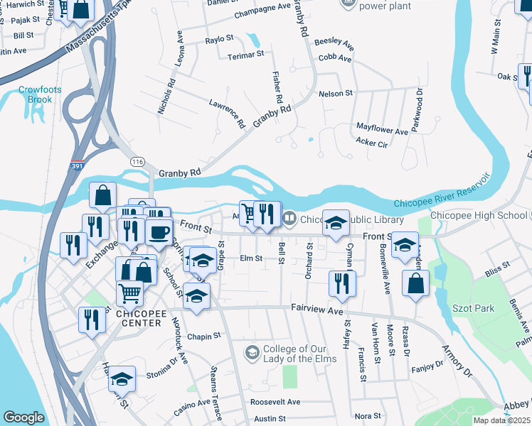 map of restaurants, bars, coffee shops, grocery stores, and more near 69 Ames Avenue in Chicopee