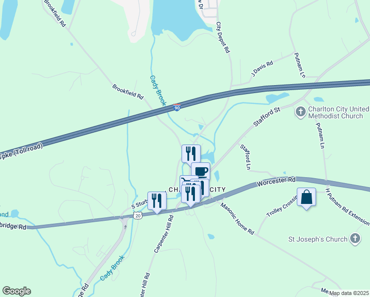 map of restaurants, bars, coffee shops, grocery stores, and more near 1 South Sturbridge Road in Charlton