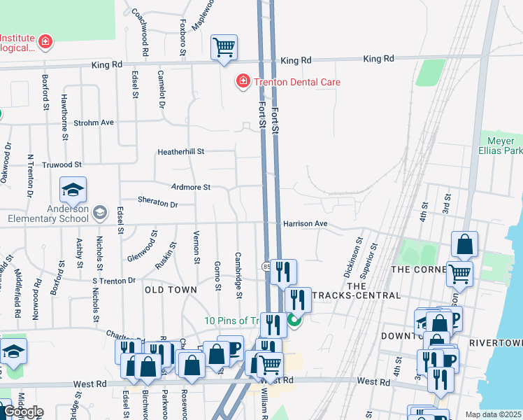 map of restaurants, bars, coffee shops, grocery stores, and more near 2211 Medford Street in Trenton