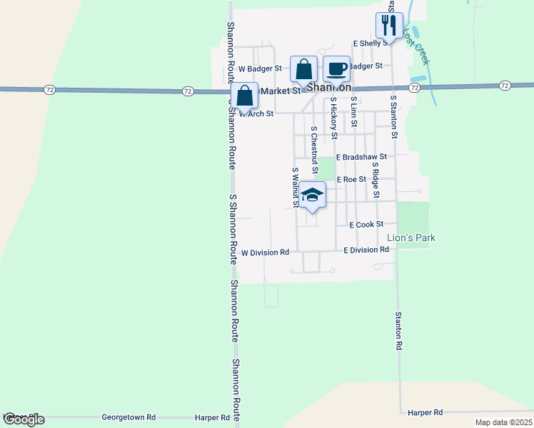 map of restaurants, bars, coffee shops, grocery stores, and more near 317 West Sunset Court in Shannon