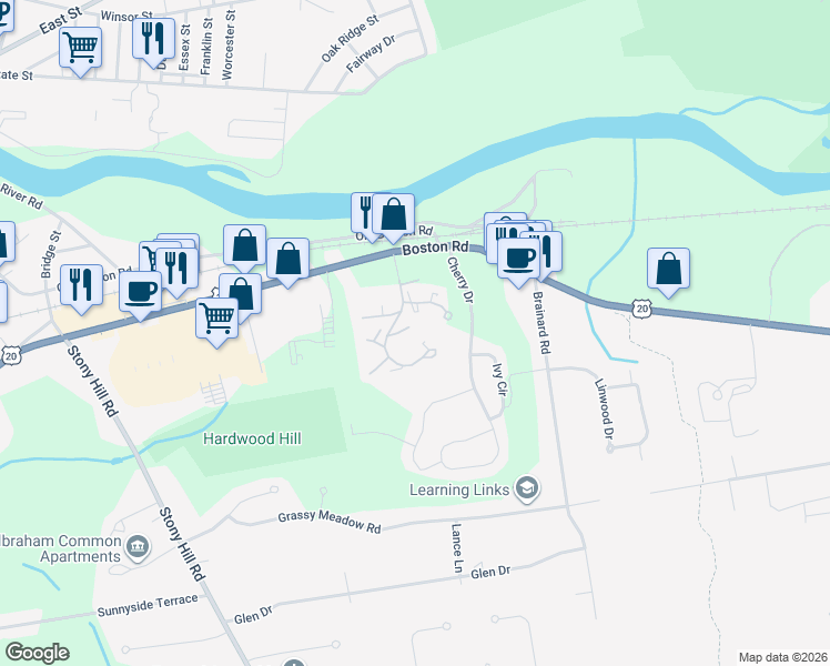 map of restaurants, bars, coffee shops, grocery stores, and more near 19 Lodge Lane in Wilbraham