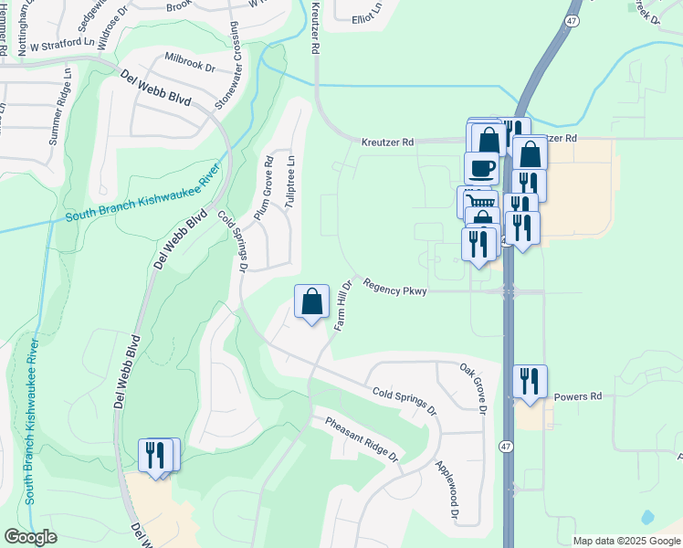 map of restaurants, bars, coffee shops, grocery stores, and more near 12507 Regency Parkway in Huntley