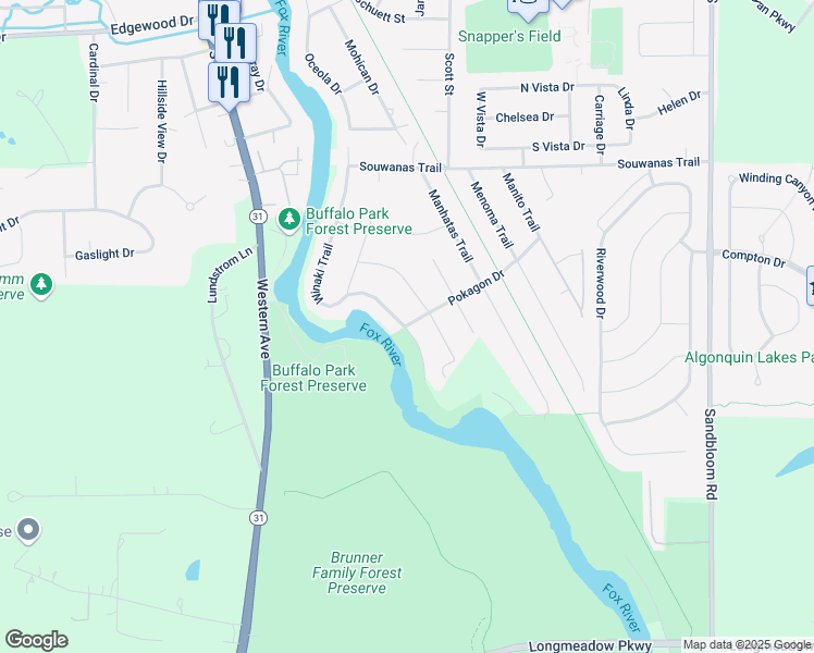map of restaurants, bars, coffee shops, grocery stores, and more near 1550 Niccon Trail in Algonquin