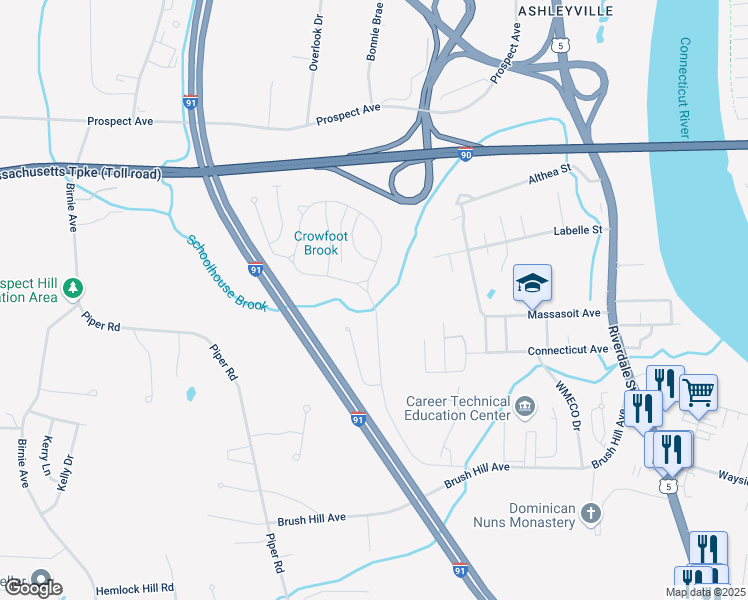 map of restaurants, bars, coffee shops, grocery stores, and more near 11 Clayton Drive in West Springfield