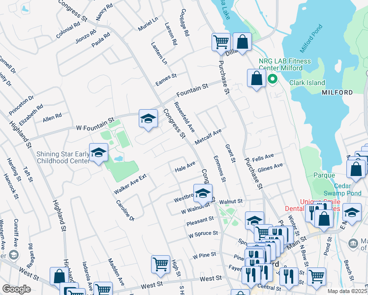 map of restaurants, bars, coffee shops, grocery stores, and more near 2 Blanchard Road in Milford