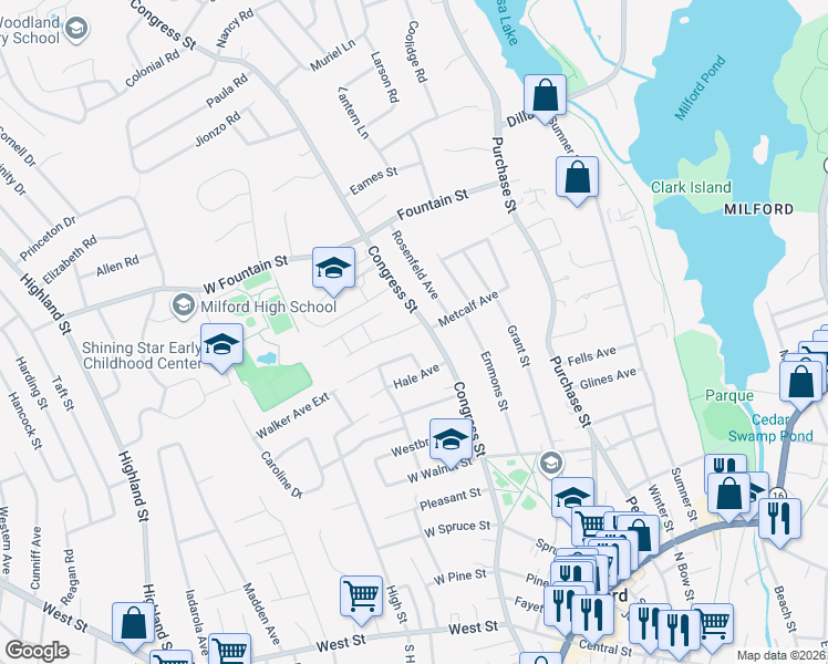 map of restaurants, bars, coffee shops, grocery stores, and more near 2 Blanchard Road in Milford