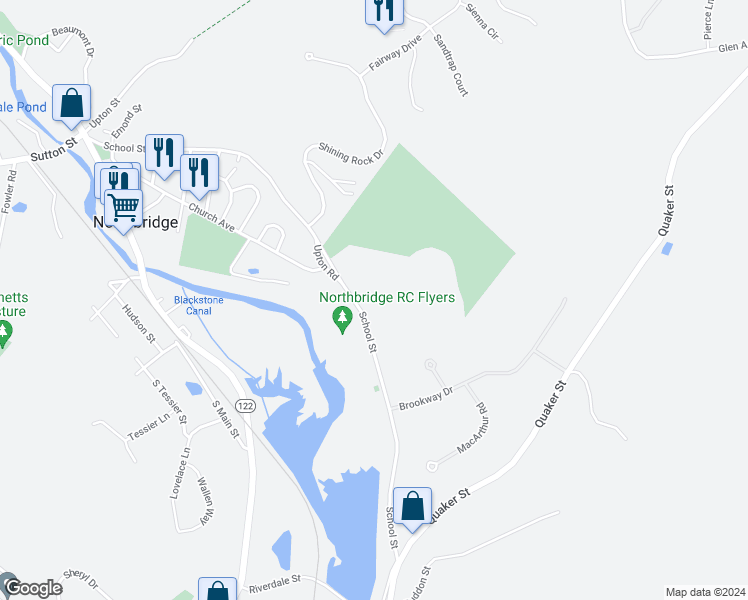 map of restaurants, bars, coffee shops, grocery stores, and more near 425 School Street in Northbridge