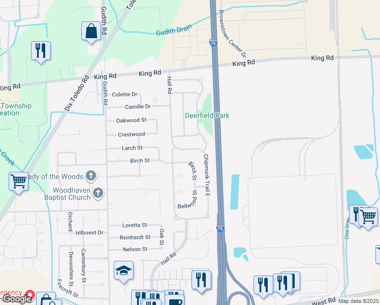 map of restaurants, bars, coffee shops, grocery stores, and more near 21669 Tulipwood Street in Trenton
