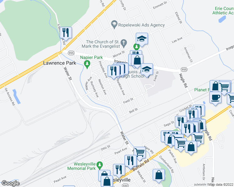 map of restaurants, bars, coffee shops, grocery stores, and more near 1041 Priestley Avenue in Erie