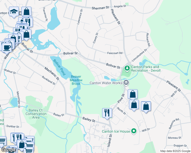 map of restaurants, bars, coffee shops, grocery stores, and more near 55 Waterfall Drive in Canton