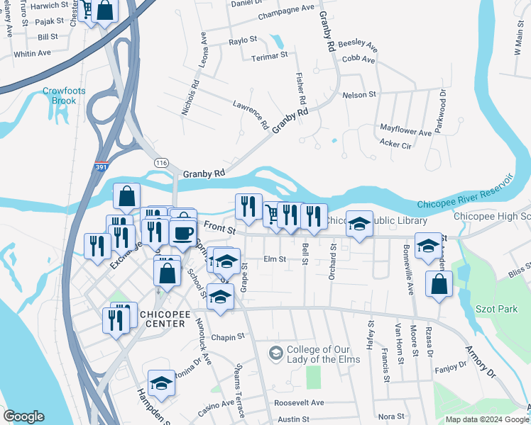 map of restaurants, bars, coffee shops, grocery stores, and more near 31 Ames Avenue in Chicopee